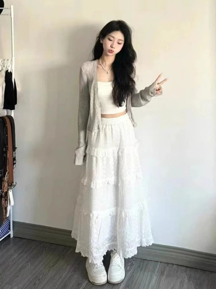 Spring Summer New Women Skirts Vintage High Waist Elastic Patchwork White Black Chic Long Cake A-line Skirt