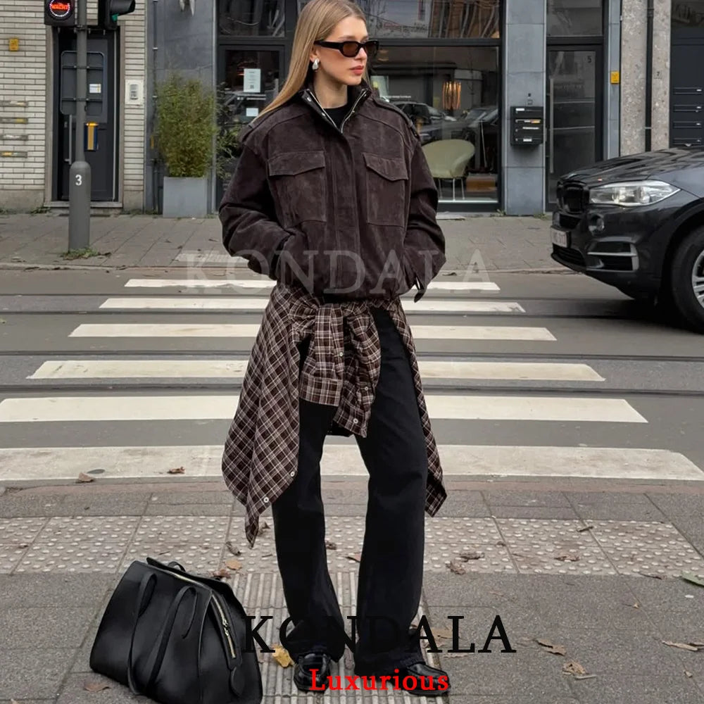KONDALA Chic Suede Women Bomber Jacket Women Long Sleeve Pockets Straight Loose Coat Fashion 2026 Fall Winter Streetwear Outwear