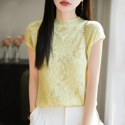 Women's T-shirt Summer New Knitted Sweater Short Sleeve Casual Solid Color O-Neck Pullover Loose Korean Fashion Top T-shirt