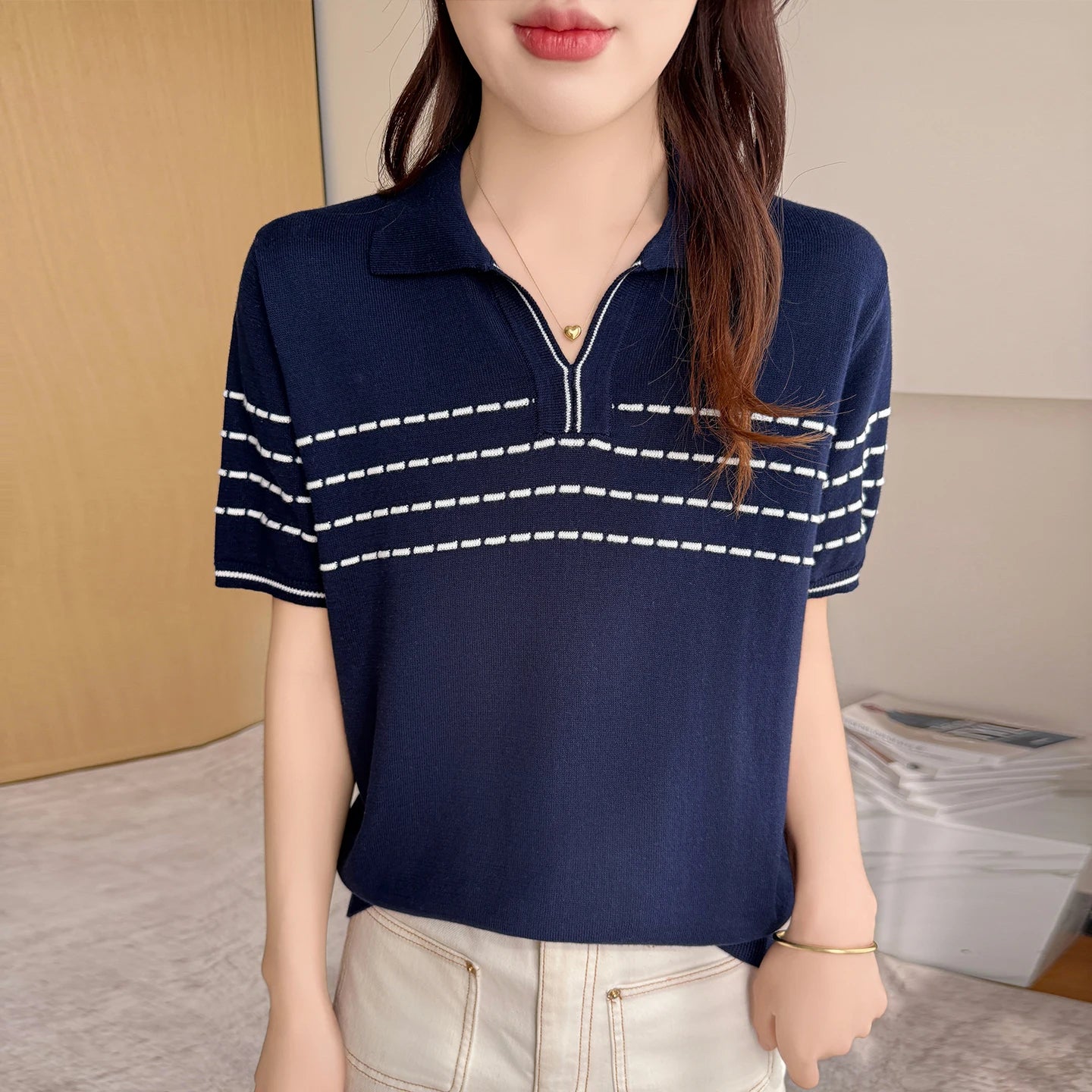 Summer women's 100% pure cotton T-shirt casual striped knitted Tees loose POLO collar Tops basic white versatile wholesale