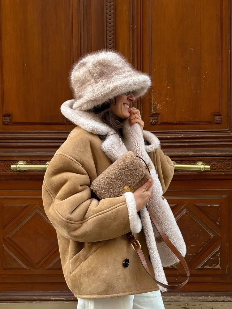 Fashion Lamb Wool Patchwork Suede Jacket Women Lapel Long Sleeve Single Breasted Loose Short Coat Winter Lady Street Outwear