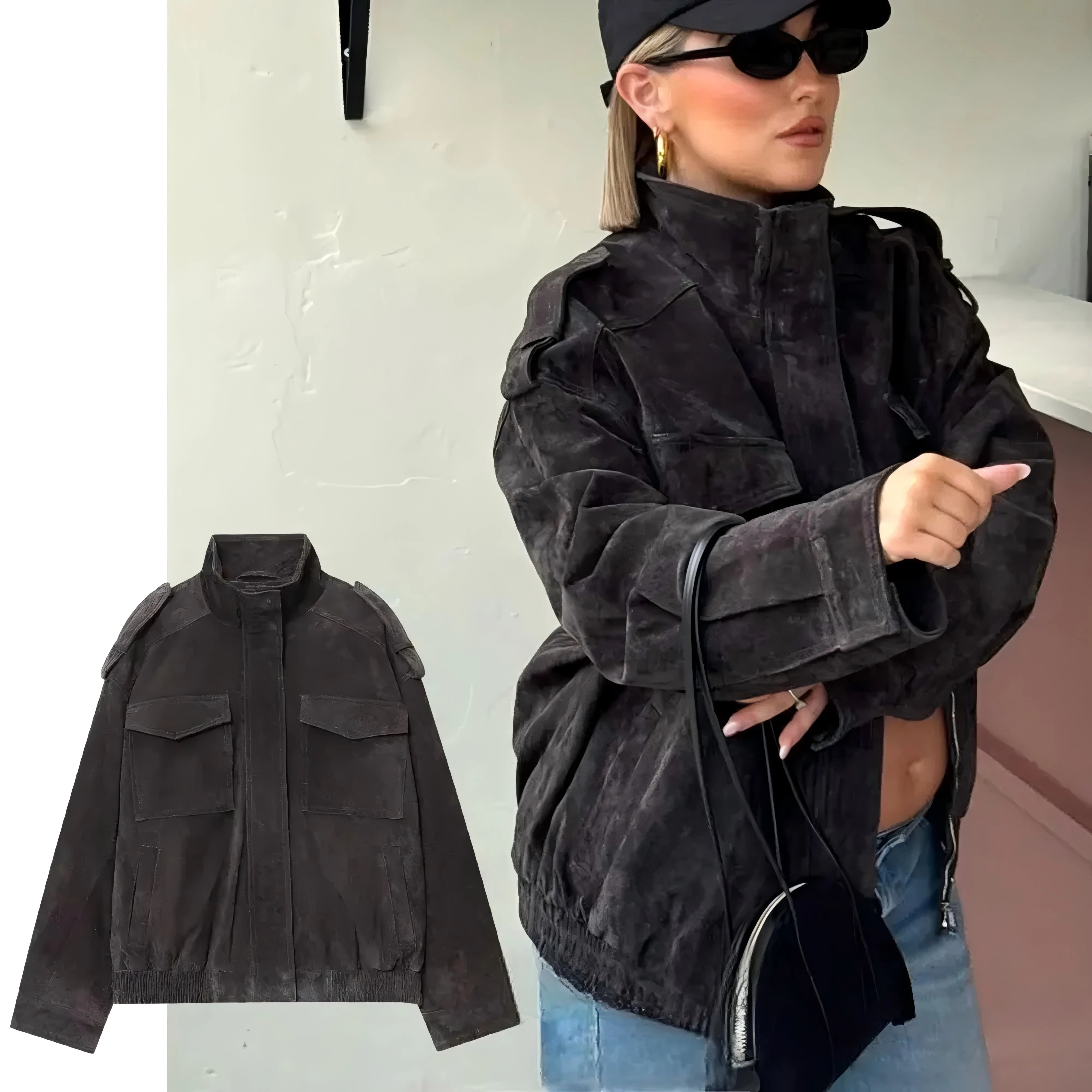 KONDALA Chic Suede Women Bomber Jacket Women Long Sleeve Pockets Straight Loose Coat Fashion 2026 Fall Winter Streetwear Outwear