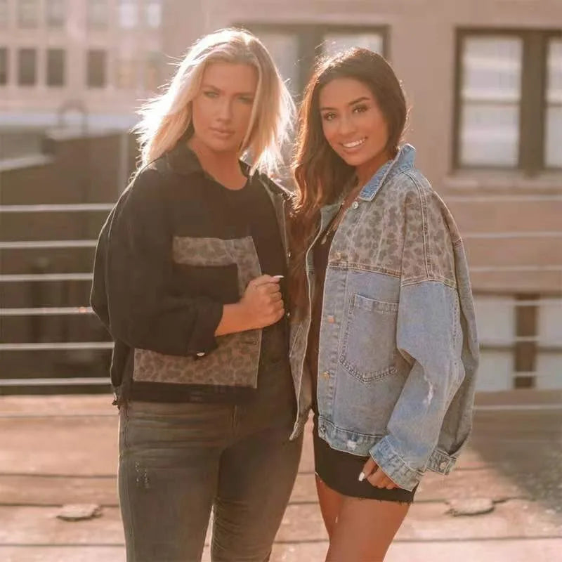 Autumn and Winter Denim Jacket Women Long Sleeve Leopard Print Splicing Denim Jacket Coat Women