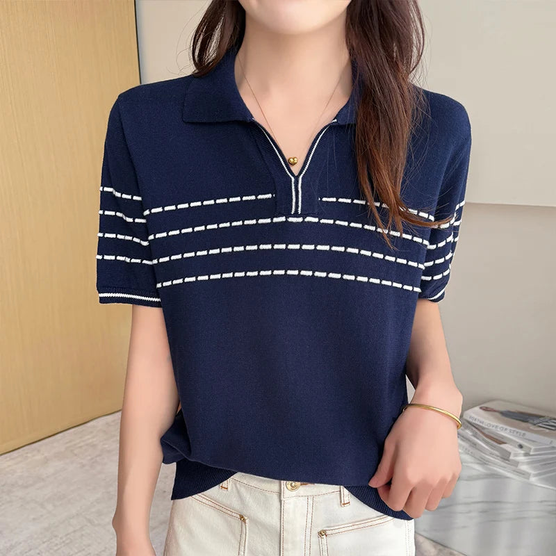 Summer women's 100% pure cotton T-shirt casual striped knitted Tees loose POLO collar Tops basic white versatile wholesale