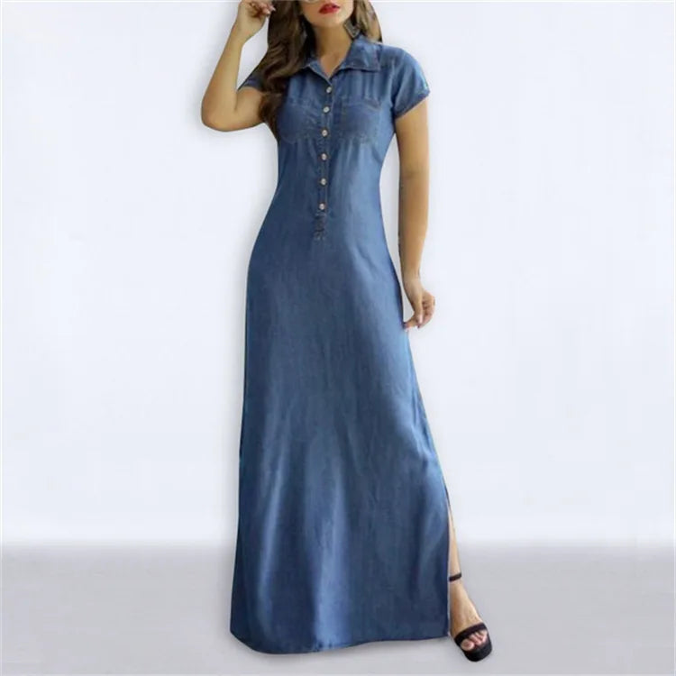 Europe And America Cross Border New Long Dress Shirt Collar Split Pocket Large Swing Dress Large Casual Denim Dress