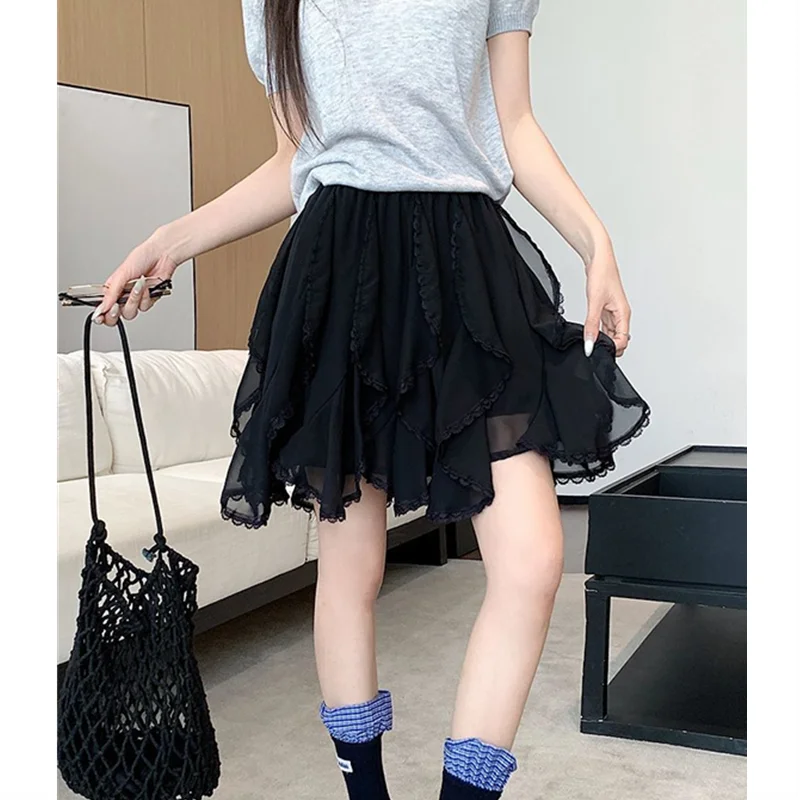 Women's Tutu Tulle Skirt Asymmetrica Chiffon Korean Version Elastic Waist Knee-Length Lace Splicing Layered Puffy Cake Skirt