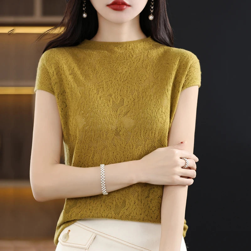 Women's T-shirt Summer New Knitted Sweater Short Sleeve Casual Solid Color O-Neck Pullover Loose Korean Fashion Top T-shirt