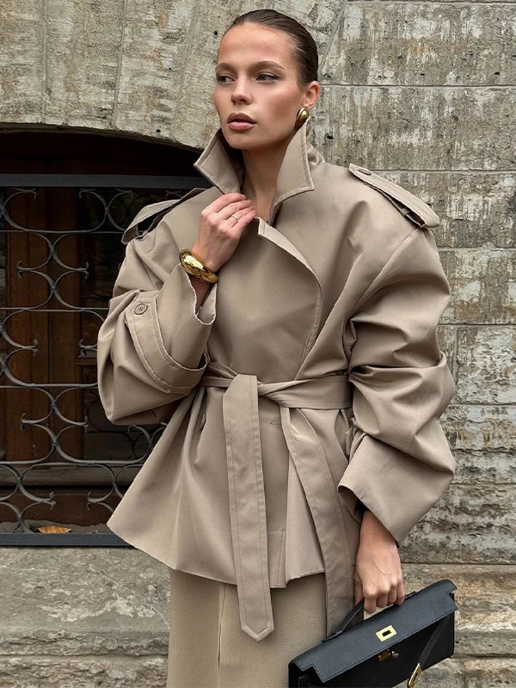 Women Lace Up Shawl Sleeve Windbreaker Fashion Solid Lapel Single Breasted Loose Trench Coat 2026 Autumn Lady Commuter Outwear