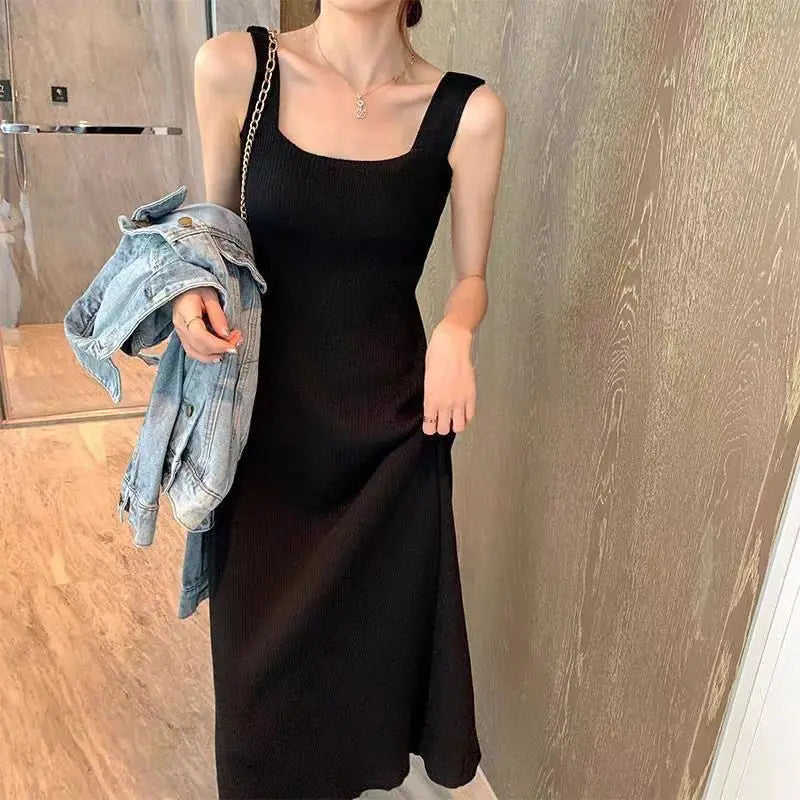 Spring Summer Skinny Mini Sleeveless Knit Dress Women Camisole Dresses Fashion Female Vintage Elastic Straps Knitted Dress