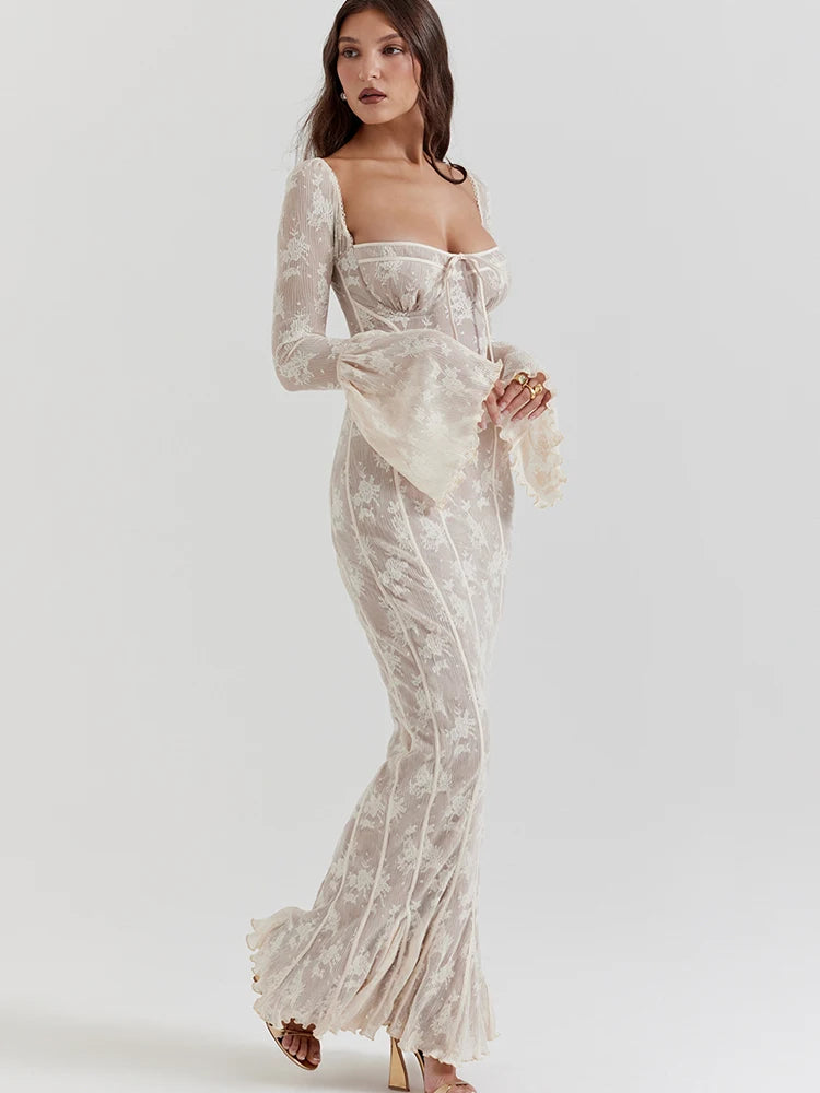 Sexy Square Collar Maxi Dress For Women Black Long Sleeve Lace Up Dress