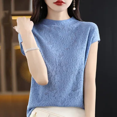 Women's T-shirt Summer New Knitted Sweater Short Sleeve Casual Solid Color O-Neck Pullover Loose Korean Fashion Top T-shirt