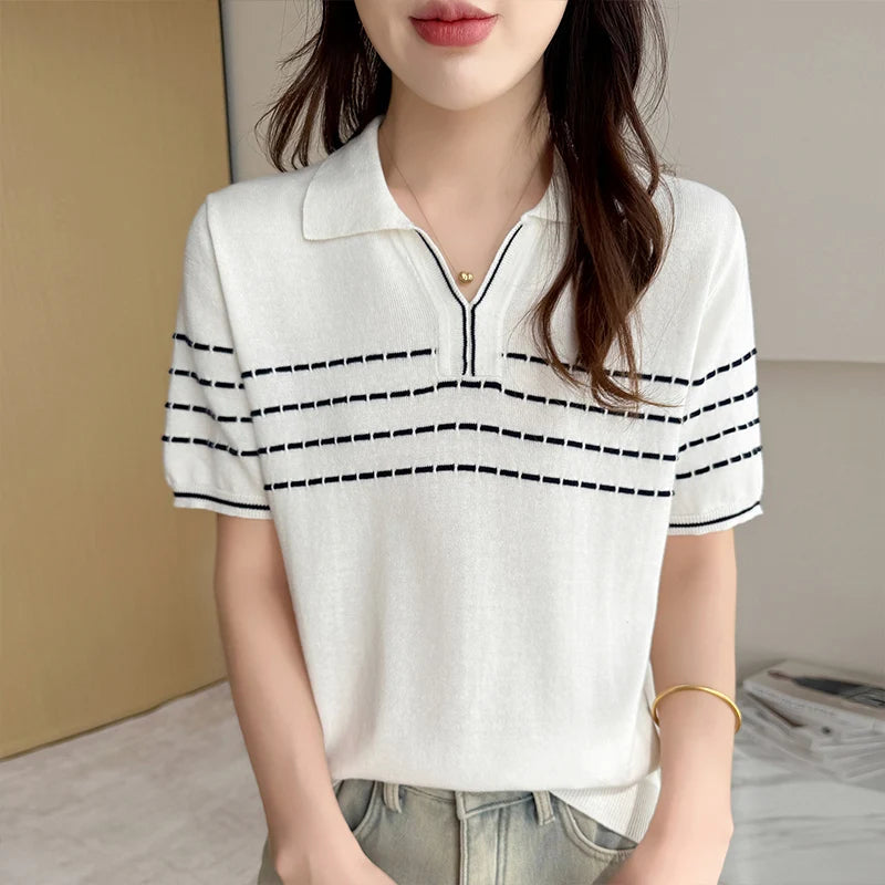 Summer women's 100% pure cotton T-shirt casual striped knitted Tees loose POLO collar Tops basic white versatile wholesale