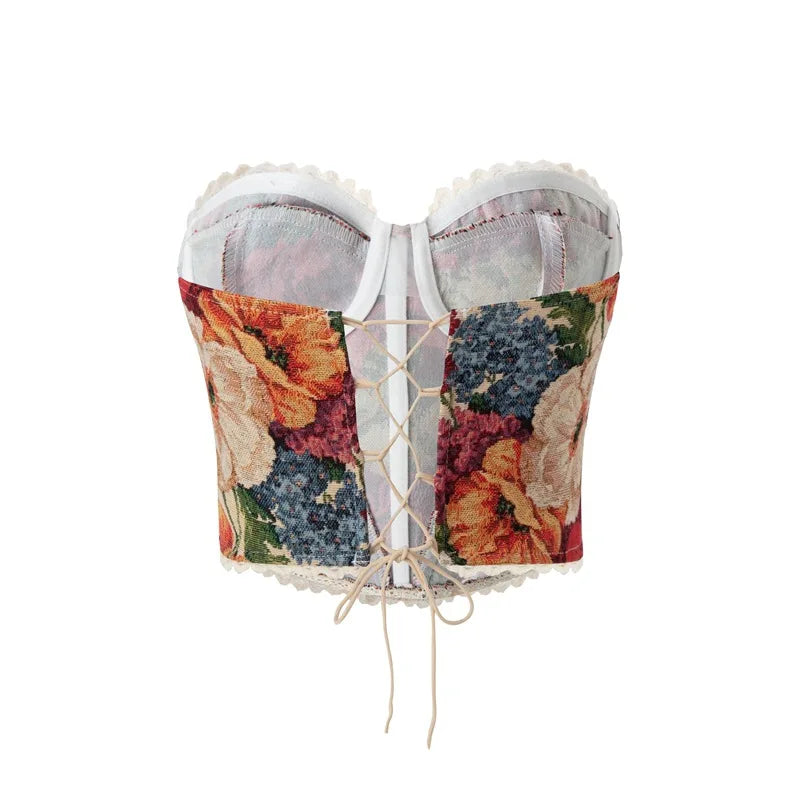 Vintage Flower Print Tight Corset Sleeveless Strapless Fishbone Tank Women Summer Slim Fit Crop Tops Hottie Streetwear Tube Tops