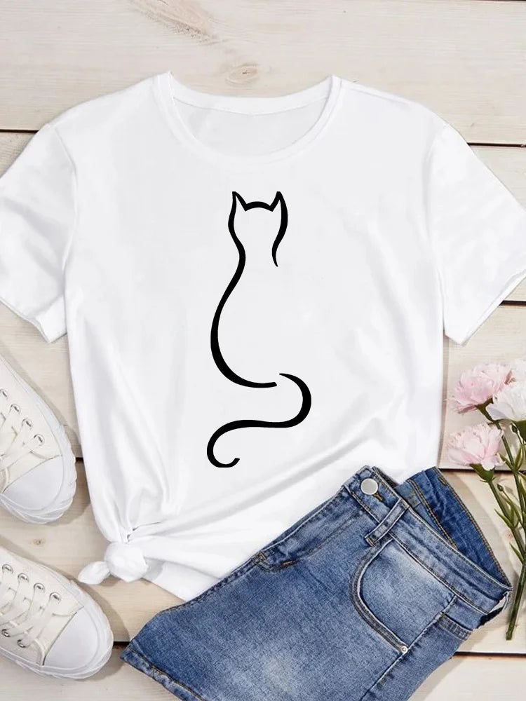 Women Kawaii Cats Print Summer Cute Women Tshirt Funny Cartoon T Shirt Female Ullzang T-shirt 90s Fashion Korean Style Top Tee