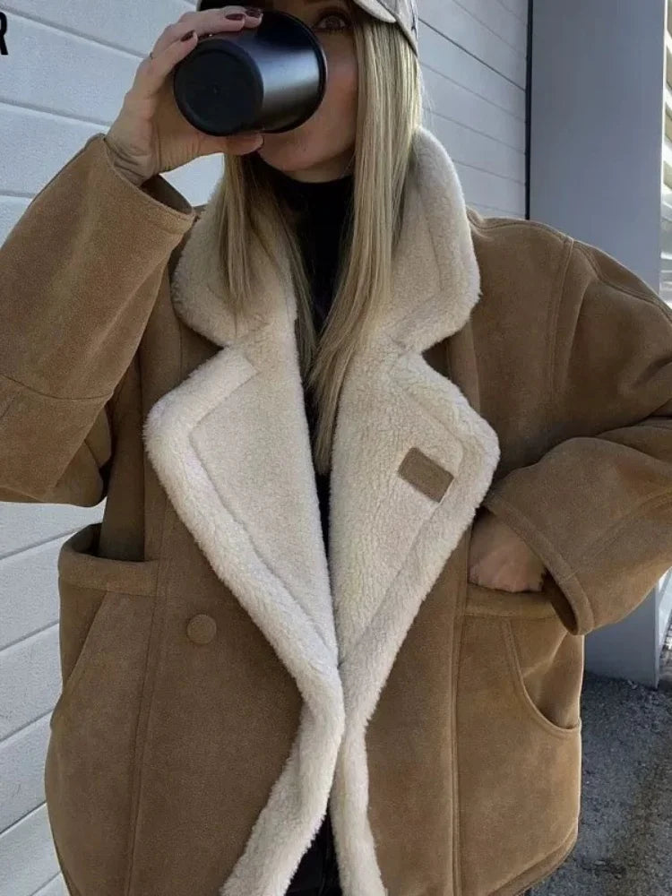 Fashion Lamb Wool Patchwork Suede Jacket Women Lapel Long Sleeve Single Breasted Loose Short Coat Winter Lady Street Outwear