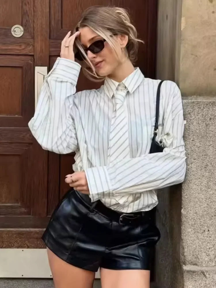 Striped Tie Shirt Women Long Sleeve Lapel Single Breasted Oversized Shirts Female 2026 Fashion New Spring Outwear Lady Tops