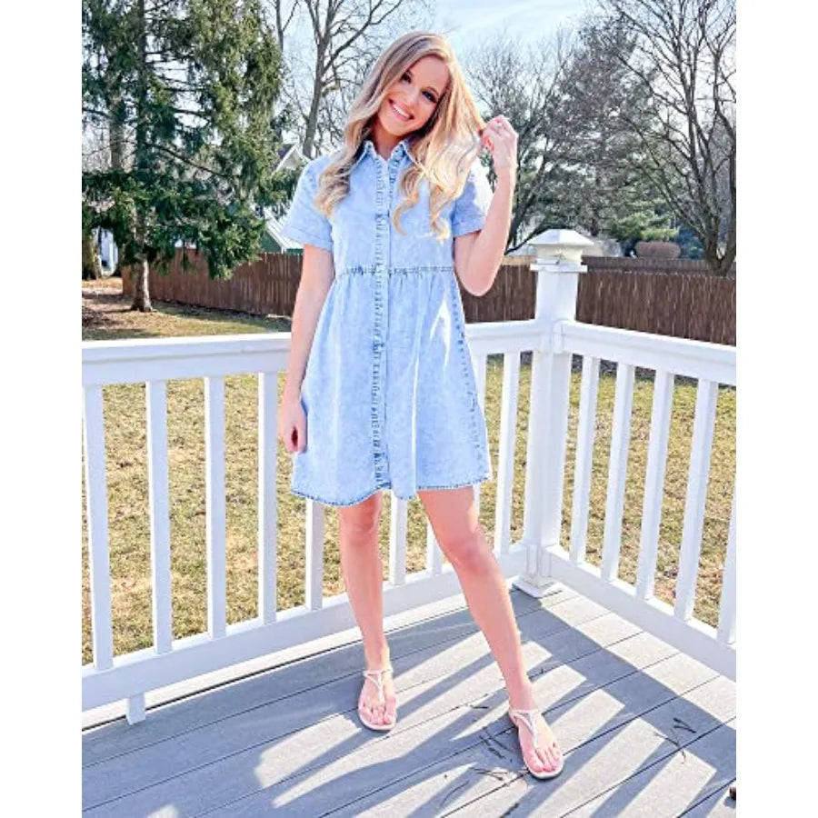 GRAPENT Denim Dress for Women Babydoll Tiered Short Sleeve Button Down Jean Shirt Dresses