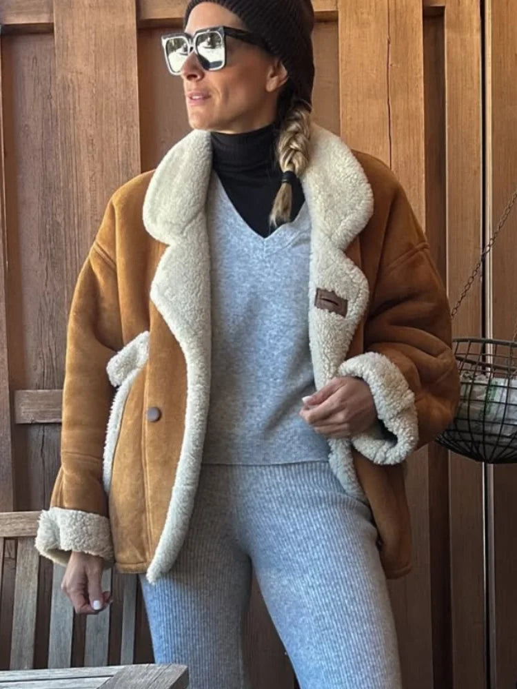 Fashion Lamb Wool Patchwork Suede Jacket Women Lapel Long Sleeve Single Breasted Loose Short Coat Winter Lady Street Outwear