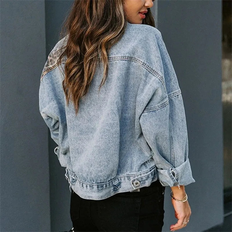 Autumn and Winter Denim Jacket Women Long Sleeve Leopard Print Splicing Denim Jacket Coat Women