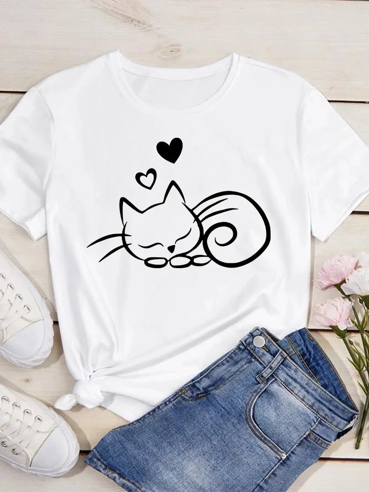 Women Kawaii Cats Print Summer Cute Women Tshirt Funny Cartoon T Shirt Female Ullzang T-shirt 90s Fashion Korean Style Top Tee