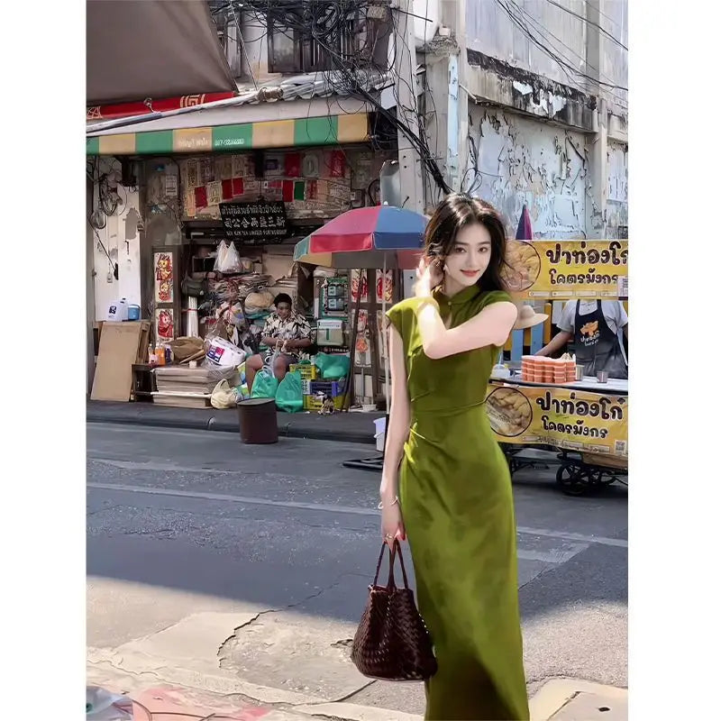 2026 New Green Chinese Style Cheongsam Vintage S To XXL Sleeveless Qipao Women Elegant Evening Long Dress High Quality