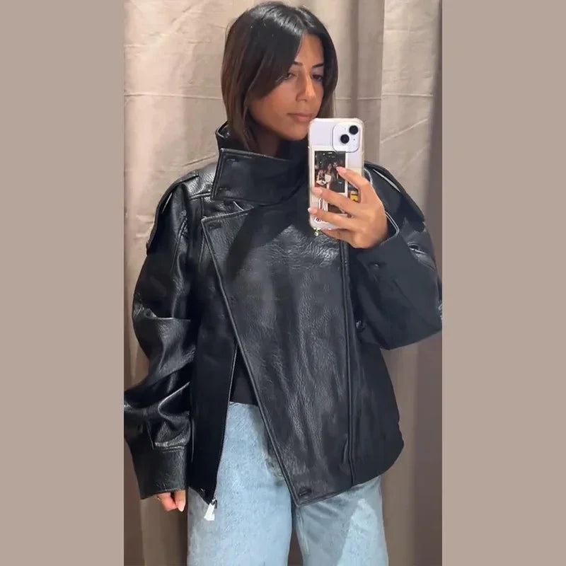 Stand Collar Short Leather Jacket Women Zipper Solid Single Breasted Full Sleeve Lapel Belt Coat 2026 Autumn Lady Chic Outwears