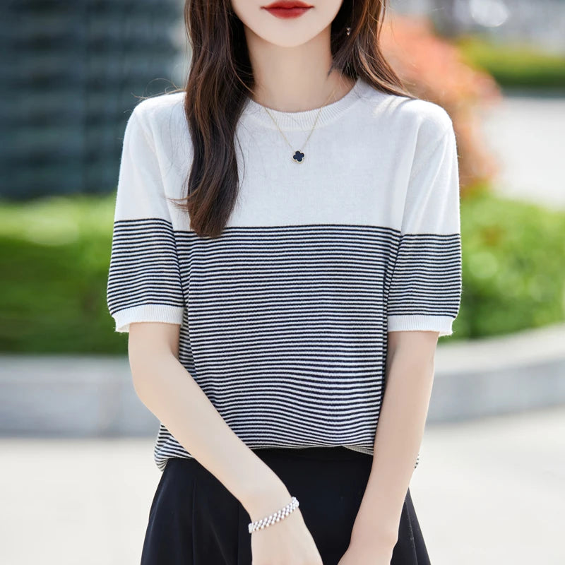 2026 Summer New Women 100% Cotton Knit Striped Round Neck T-Shirt Women Clothing Tops Short Sleeve Sweater Casual Basic Pullover