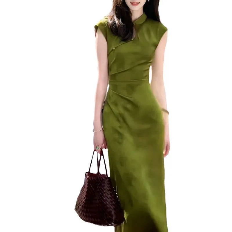 2026 New Green Chinese Style Cheongsam Vintage S To XXL Sleeveless Qipao Women Elegant Evening Long Dress High Quality