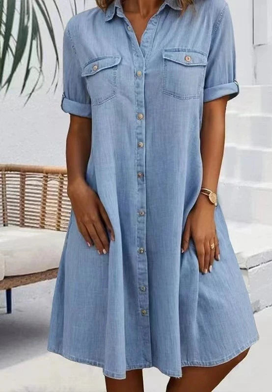 2026 Design Sense Five Quarter Sleeve Loose Fit Denim Plus Size Women's Slim Fit Dress