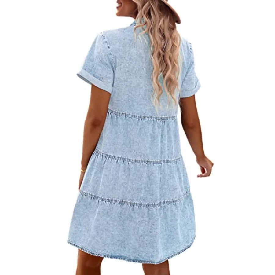 GRAPENT Denim Dress for Women Babydoll Tiered Short Sleeve Button Down Jean Shirt Dresses