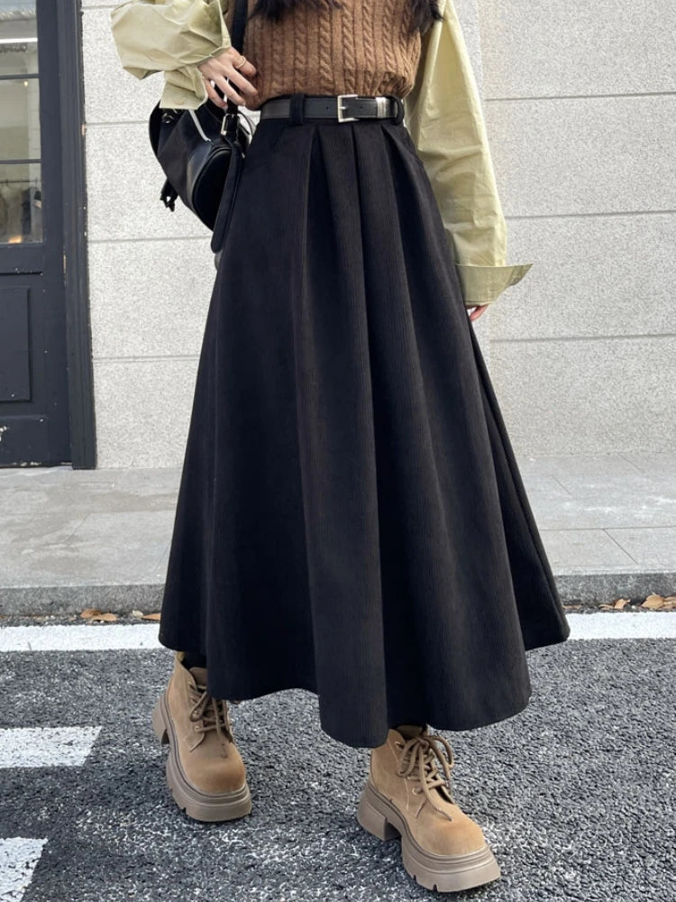 Qiukichonson Mid Long Skirts Womens Corduroy Skirt 2023 Autumn Winter Korean Vintage High Waist Ruffle Pleated Skirts With Belt