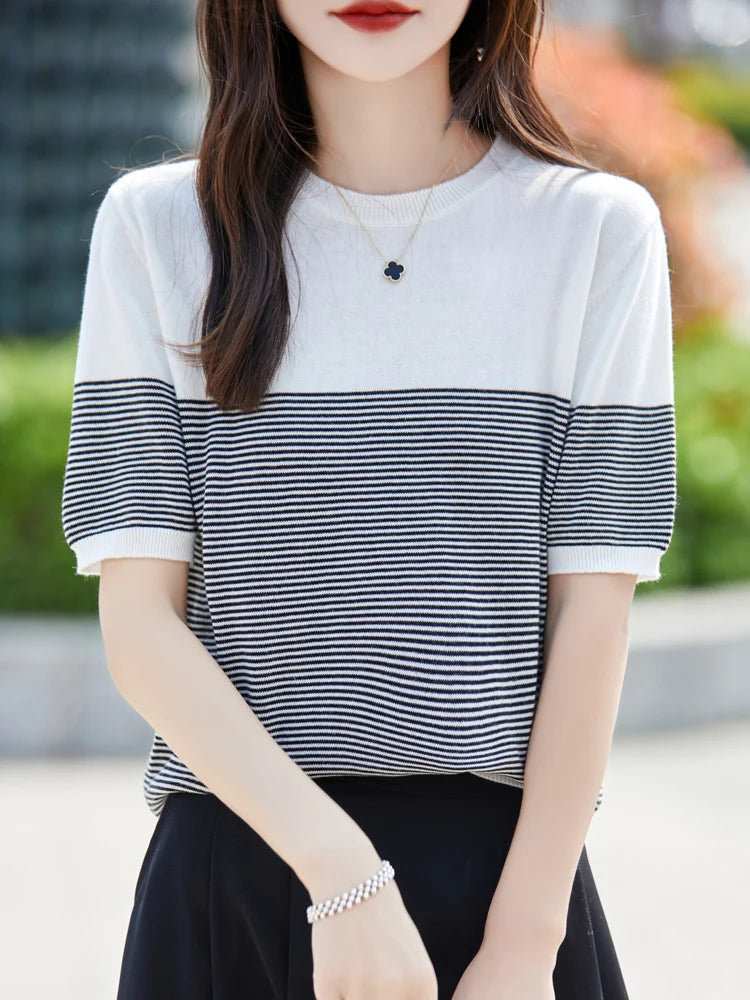 2026 Summer New Women 100% Cotton Knit Striped Round Neck T-Shirt Women Clothing Tops Short Sleeve Sweater Casual Basic Pullover