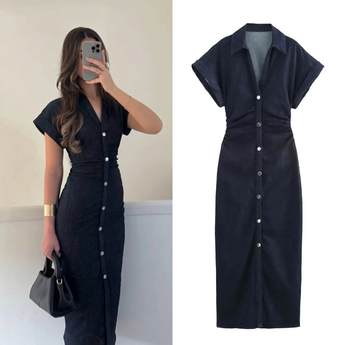 ETJ 2026  Spring New 1975 series denim MIDI dress with lapel side zipper fashion wrinkle waist slim elegant dress