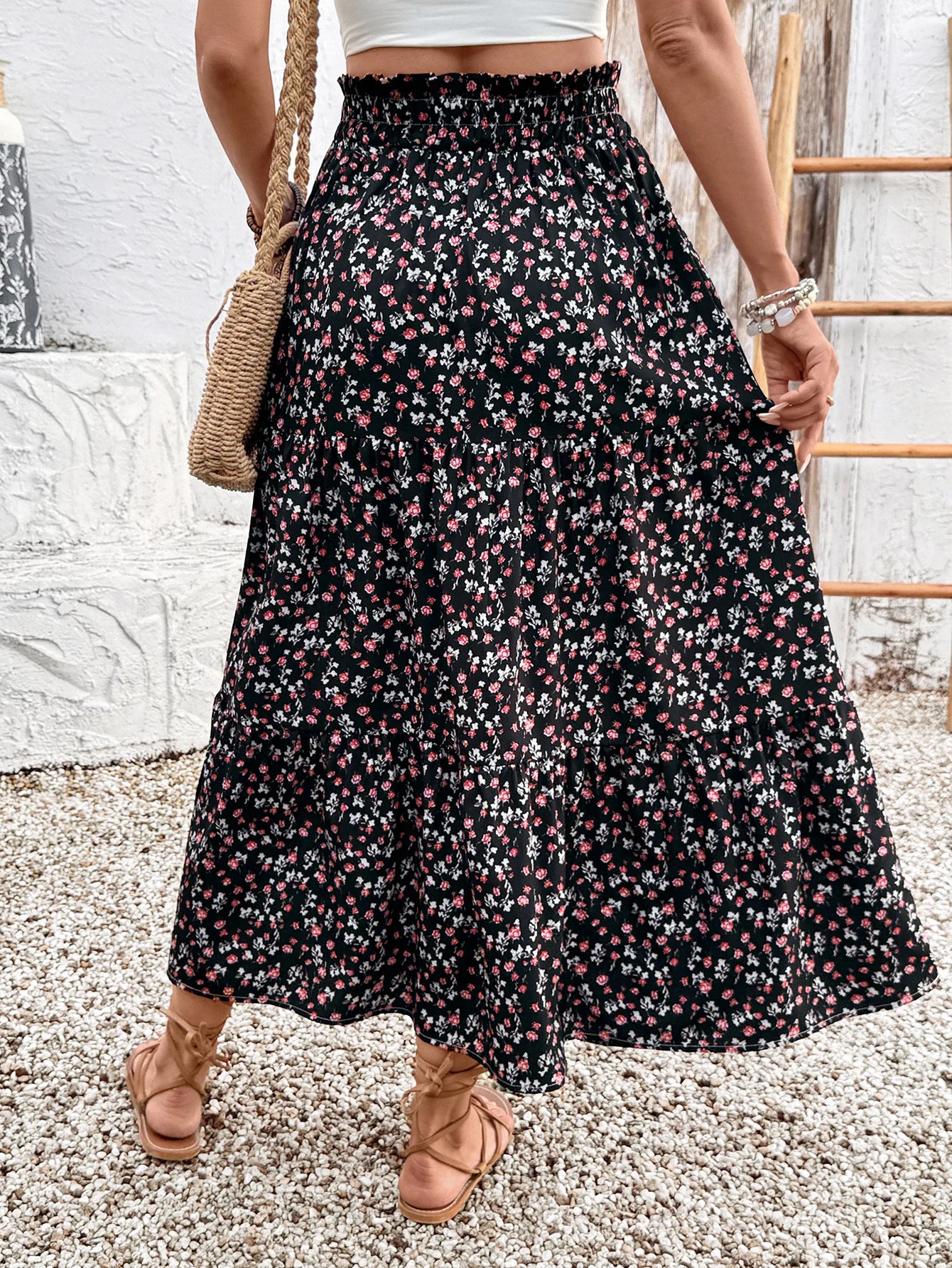 Women's High Waisted Slimming Midi Skirt Ditsy Floral a Line Skirt with Elastic Waist Perfect for Boho Style Outfits