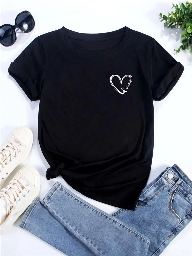 Love Heart Printed Trend Women Fashion Clothing Graphic T-shirts Clothes Print Female Shirt Short Sleeve Lady Casual Tee