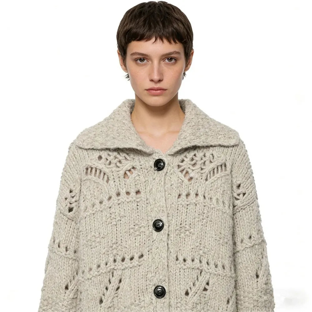 Women's Knit Cardigan Coat 2026 Spring Revere Collar Long Sleeve Button Plain Sweater Tops Female Fashion Loose Hollow Coats