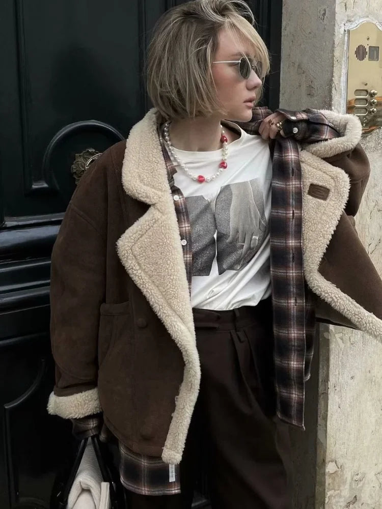 Fashion Lamb Wool Patchwork Suede Jacket Women Lapel Long Sleeve Single Breasted Loose Short Coat Winter Lady Street Outwear