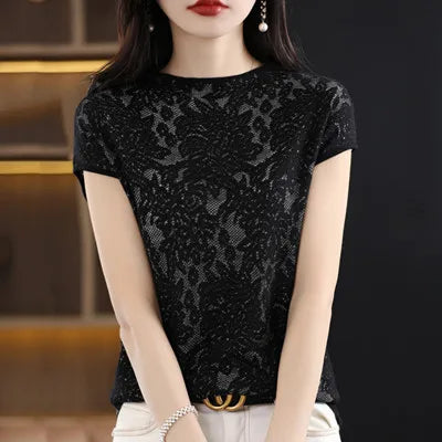 Women's T-shirt Summer New Knitted Sweater Short Sleeve Casual Solid Color O-Neck Pullover Loose Korean Fashion Top T-shirt