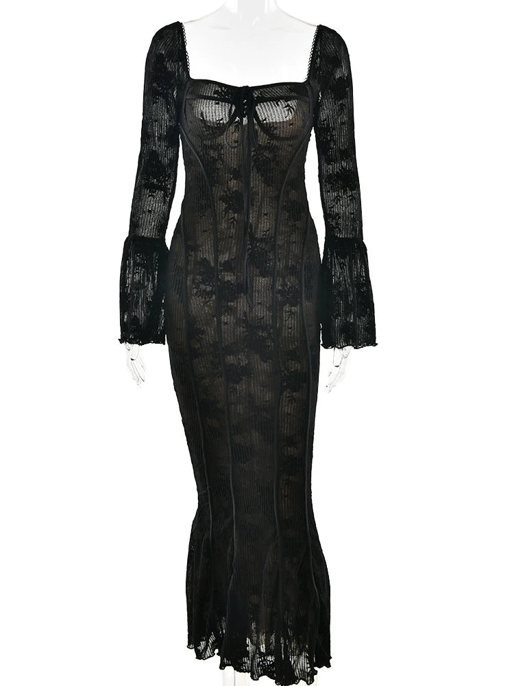 Sexy Square Collar Maxi Dress For Women Black Long Sleeve Lace Up Dress