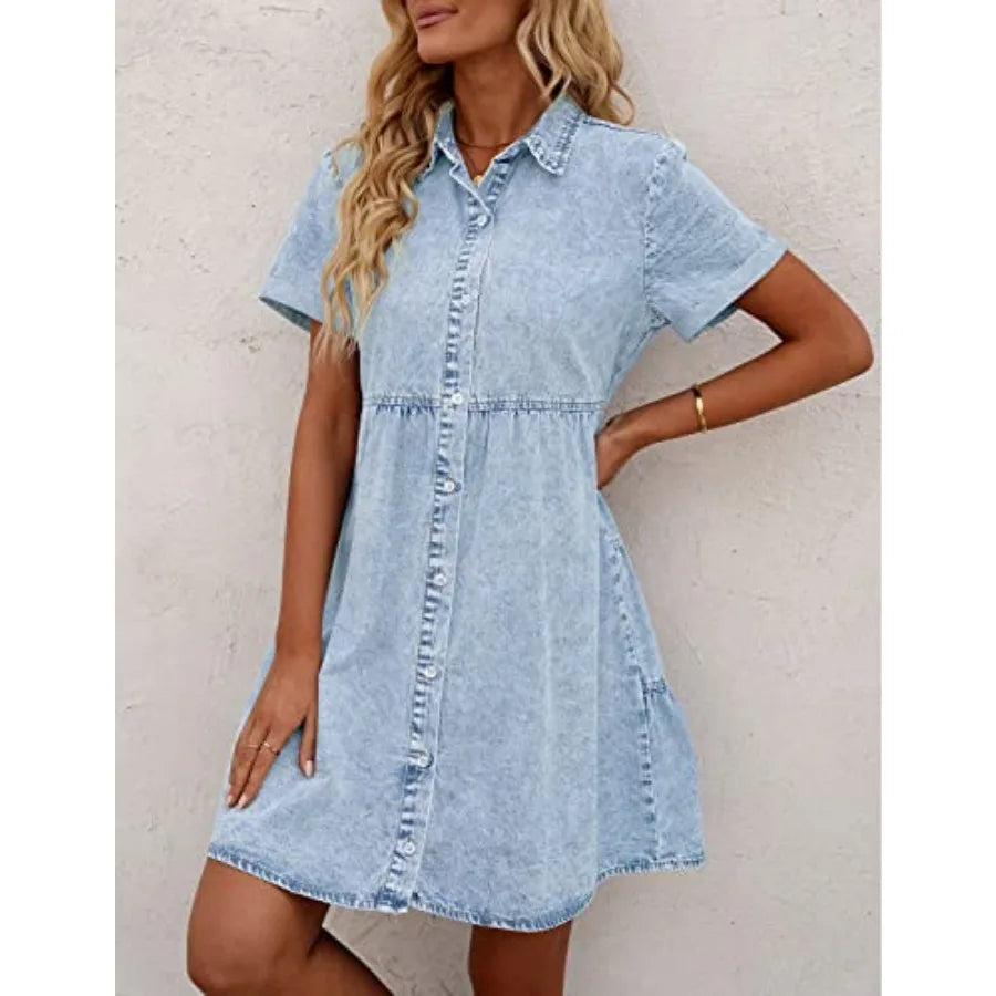 GRAPENT Denim Dress for Women Babydoll Tiered Short Sleeve Button Down Jean Shirt Dresses