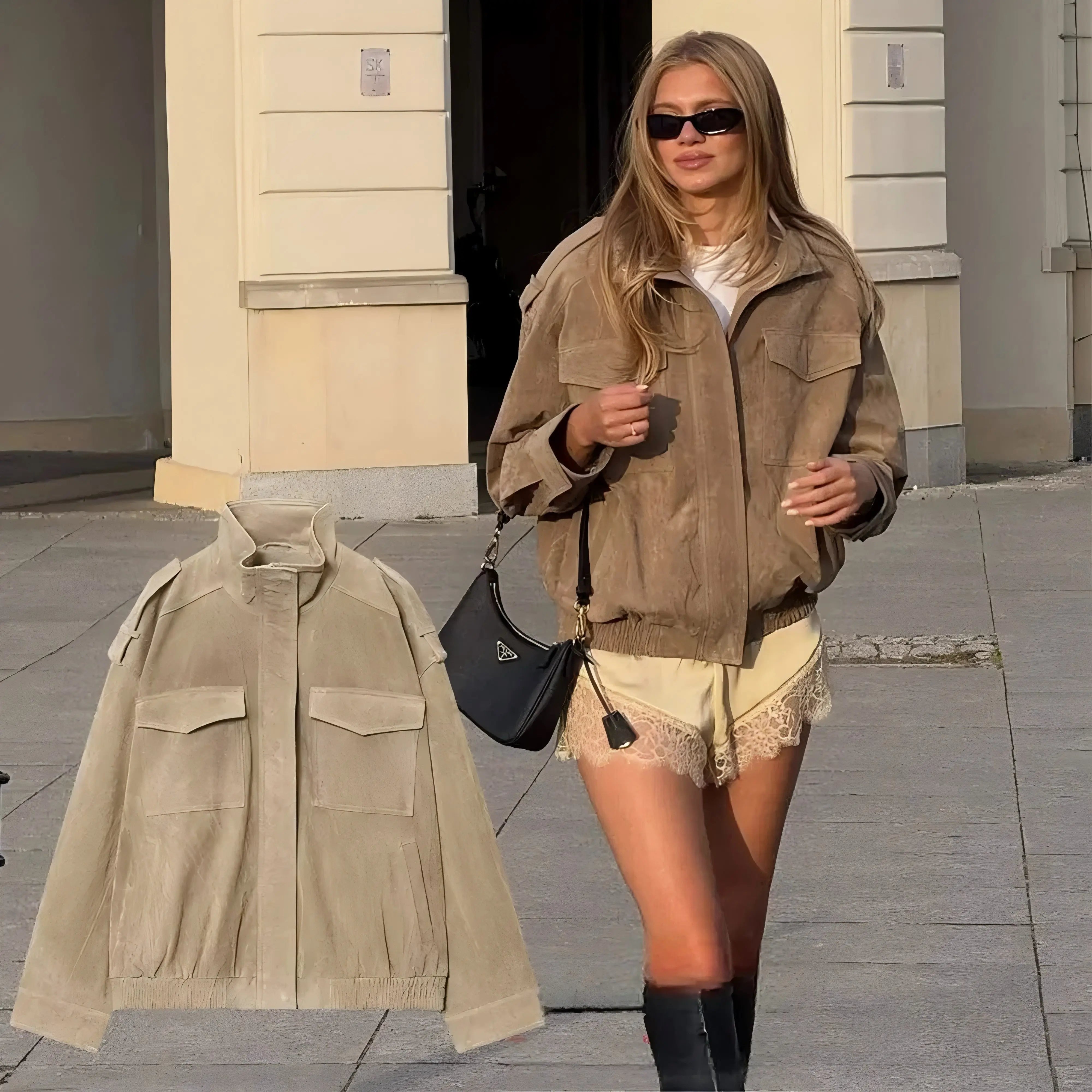 KONDALA Chic Suede Women Bomber Jacket Women Long Sleeve Pockets Straight Loose Coat Fashion 2026 Fall Winter Streetwear Outwear