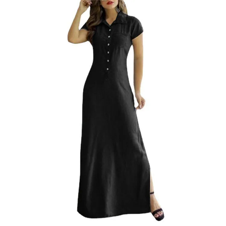 Europe And America Cross Border New Long Dress Shirt Collar Split Pocket Large Swing Dress Large Casual Denim Dress