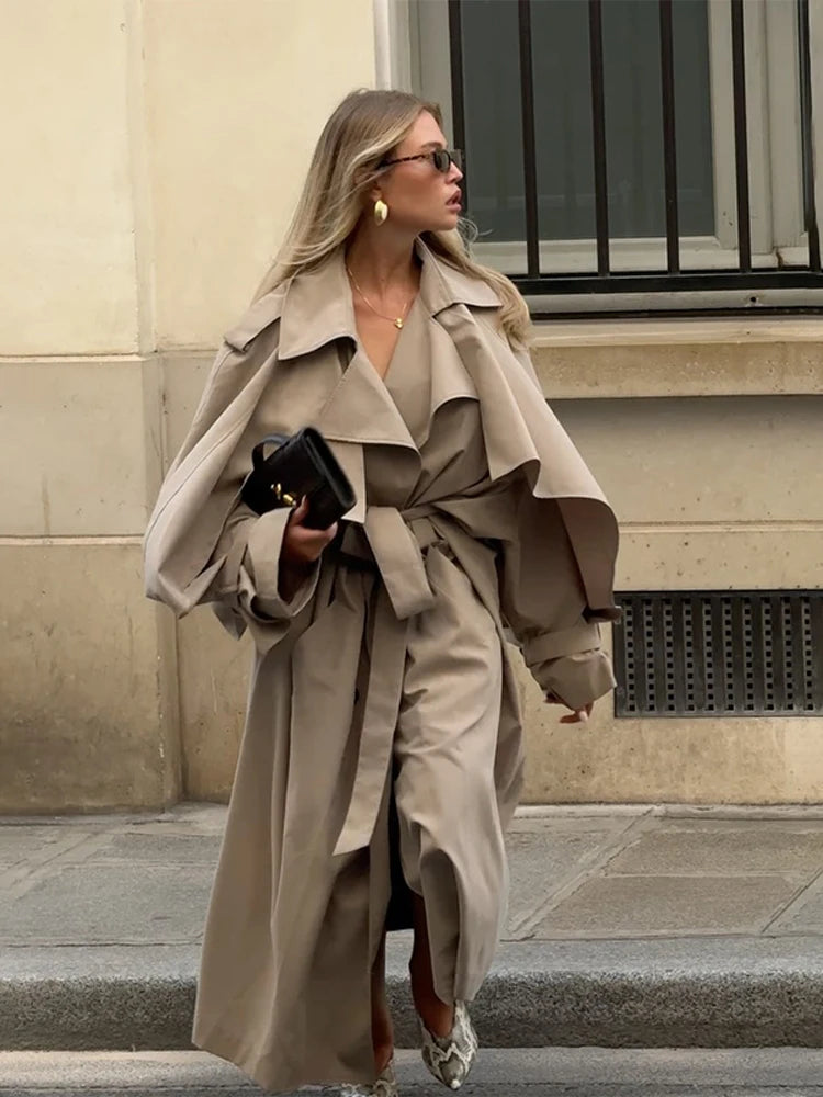 Women Lace Up Shawl Sleeve Windbreaker Fashion Solid Lapel Single Breasted Loose Trench Coat 2026 Autumn Lady Commuter Outwear