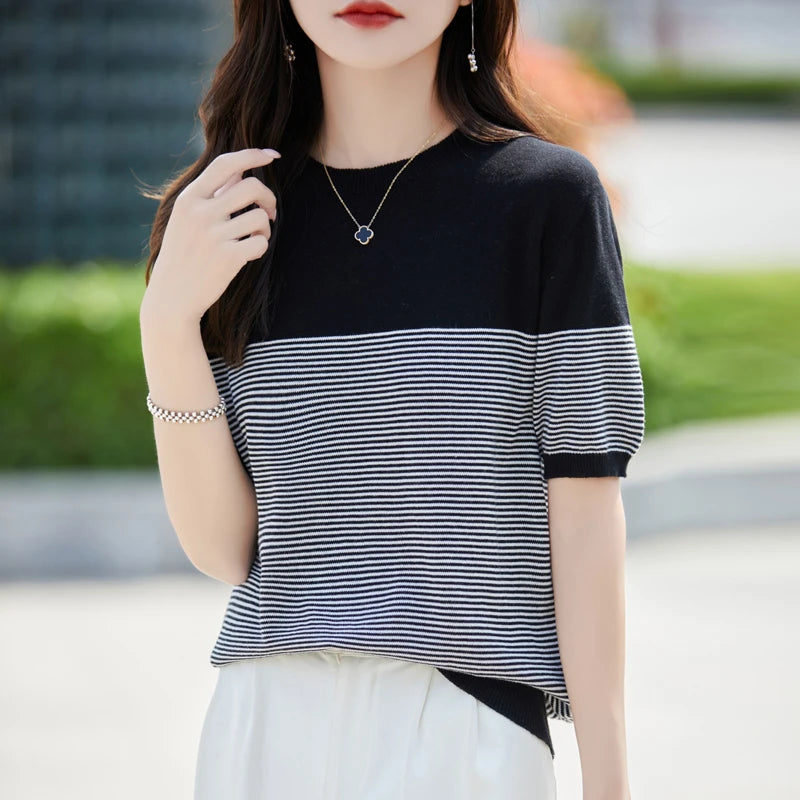2026 Summer New Women 100% Cotton Knit Striped Round Neck T-Shirt Women Clothing Tops Short Sleeve Sweater Casual Basic Pullover