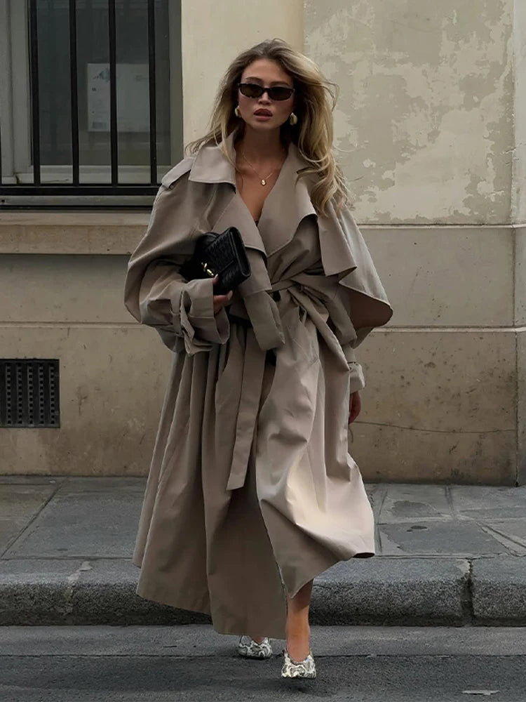Women Lace Up Shawl Sleeve Windbreaker Fashion Solid Lapel Single Breasted Loose Trench Coat 2026 Autumn Lady Commuter Outwear
