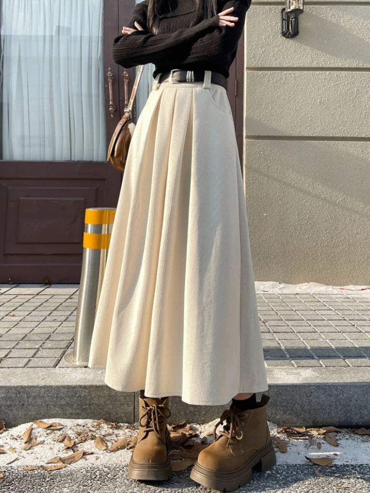 Qiukichonson Mid Long Skirts Womens Corduroy Skirt 2023 Autumn Winter Korean Vintage High Waist Ruffle Pleated Skirts With Belt