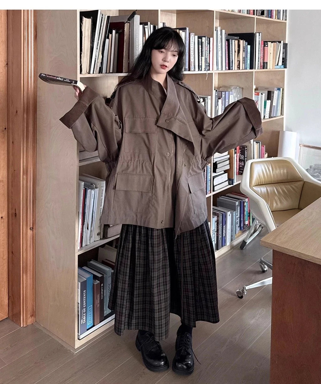 Vintage Plaid Pleated Midi Skirt Women's Autumn Winter High Waist A-Line Swing Skirt Casual Loose Retro Long Skirts Fashion Stre