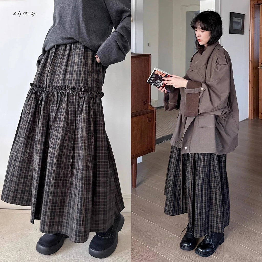 Vintage Plaid Pleated Midi Skirt Women's Autumn Winter High Waist A-Line Swing Skirt Casual Loose Retro Long Skirts Fashion Stre