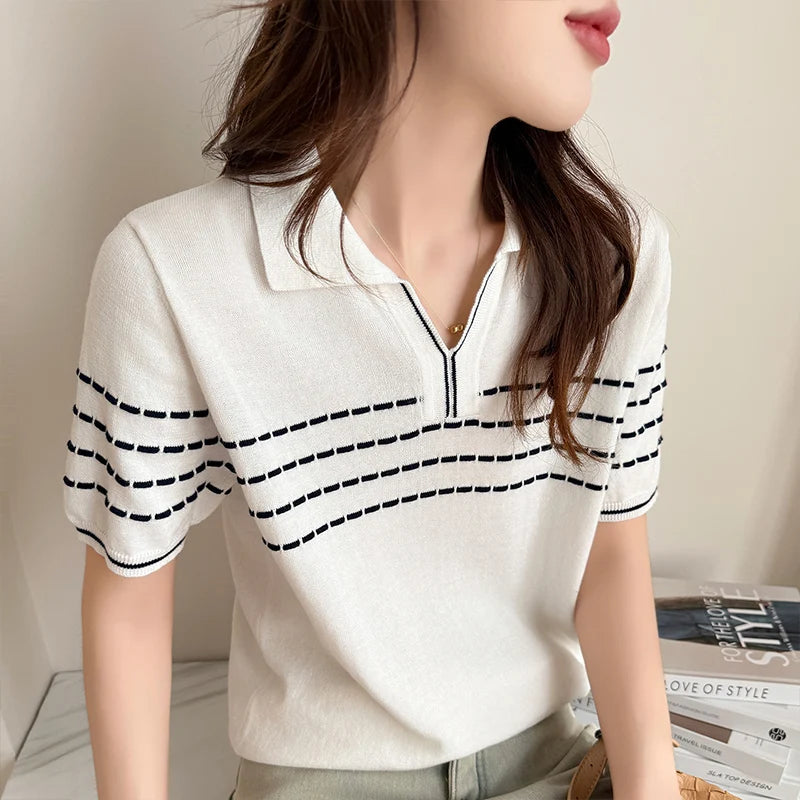 Summer women's 100% pure cotton T-shirt casual striped knitted Tees loose POLO collar Tops basic white versatile wholesale