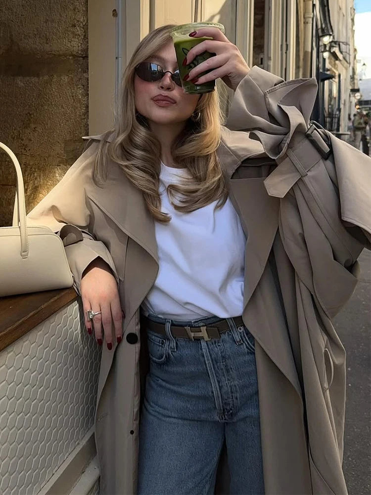 Women Lace Up Shawl Sleeve Windbreaker Fashion Solid Lapel Single Breasted Loose Trench Coat 2026 Autumn Lady Commuter Outwear